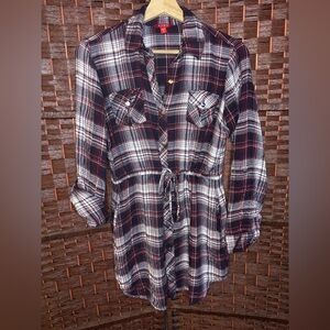 Guess Red and White Long Sleeve Plaid Button-Up Tunic